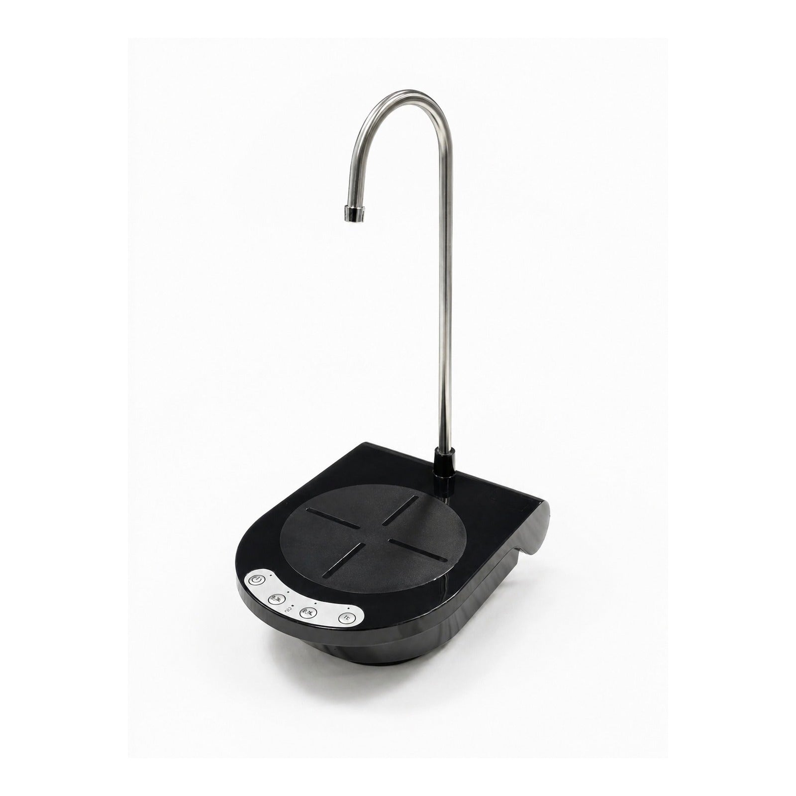Black water dispenser with a curved spout on a white background