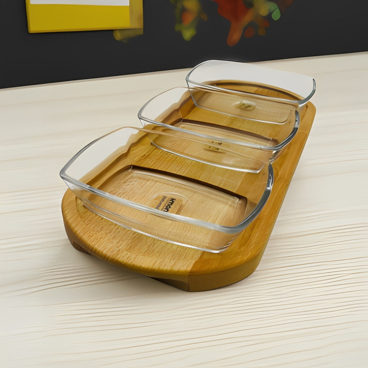 A Snack Serving Tray with Wooden Base.