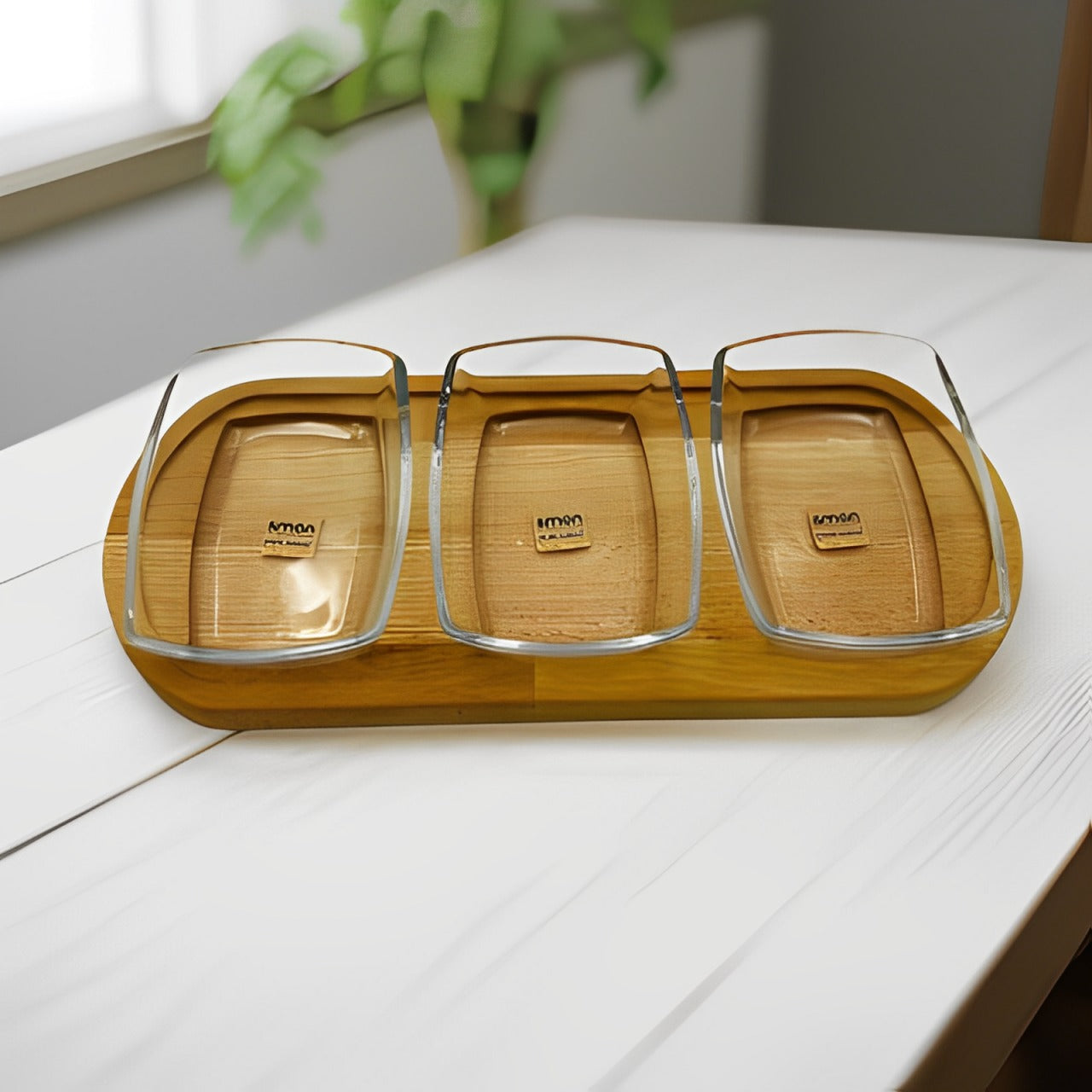 A Snack Serving Tray with Wooden Base.