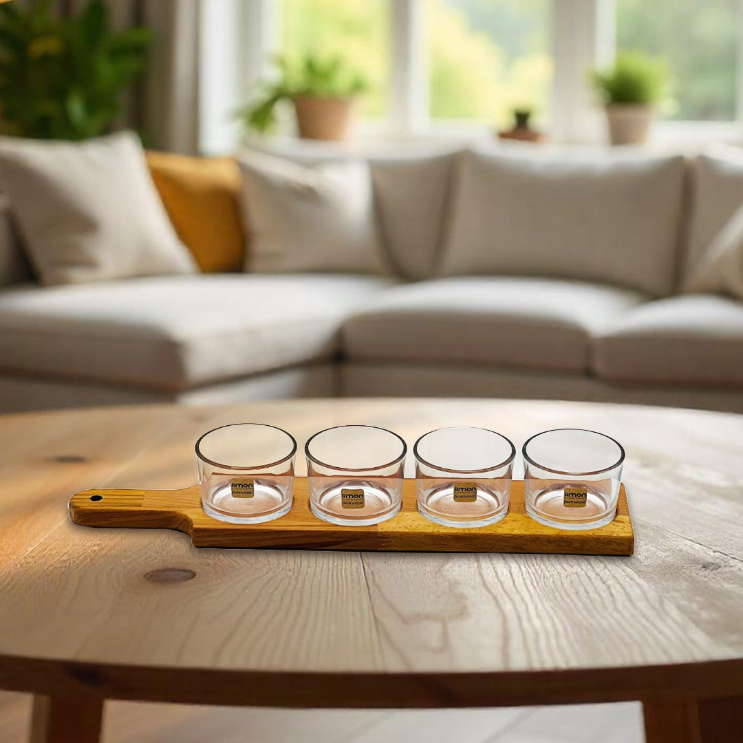 A Snack Serving Tray with Wooden Base.