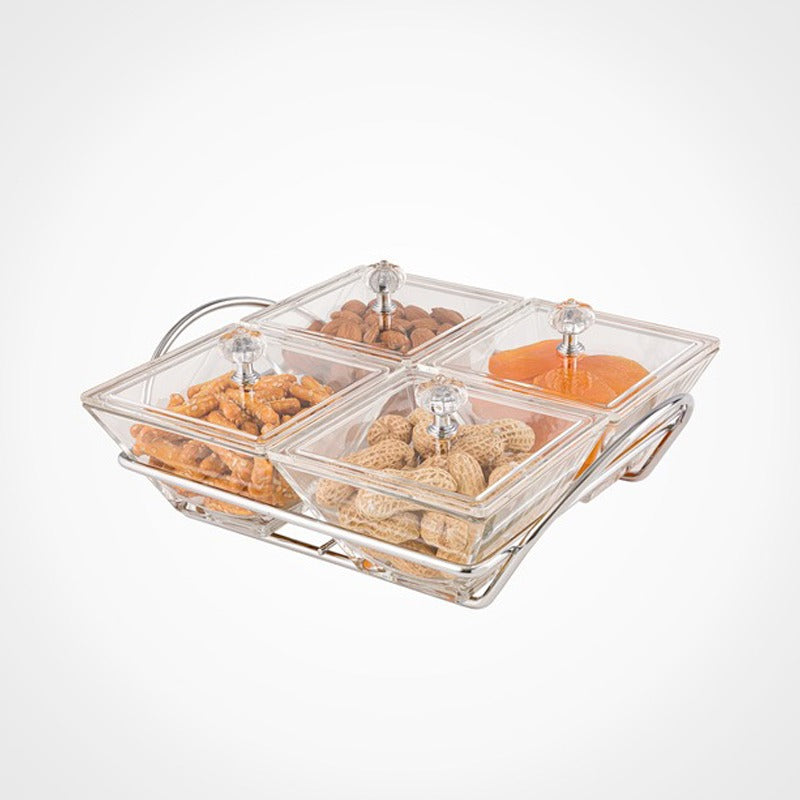 Snack Serving Tray with Acrylic Lid Containing Dried Fruits.