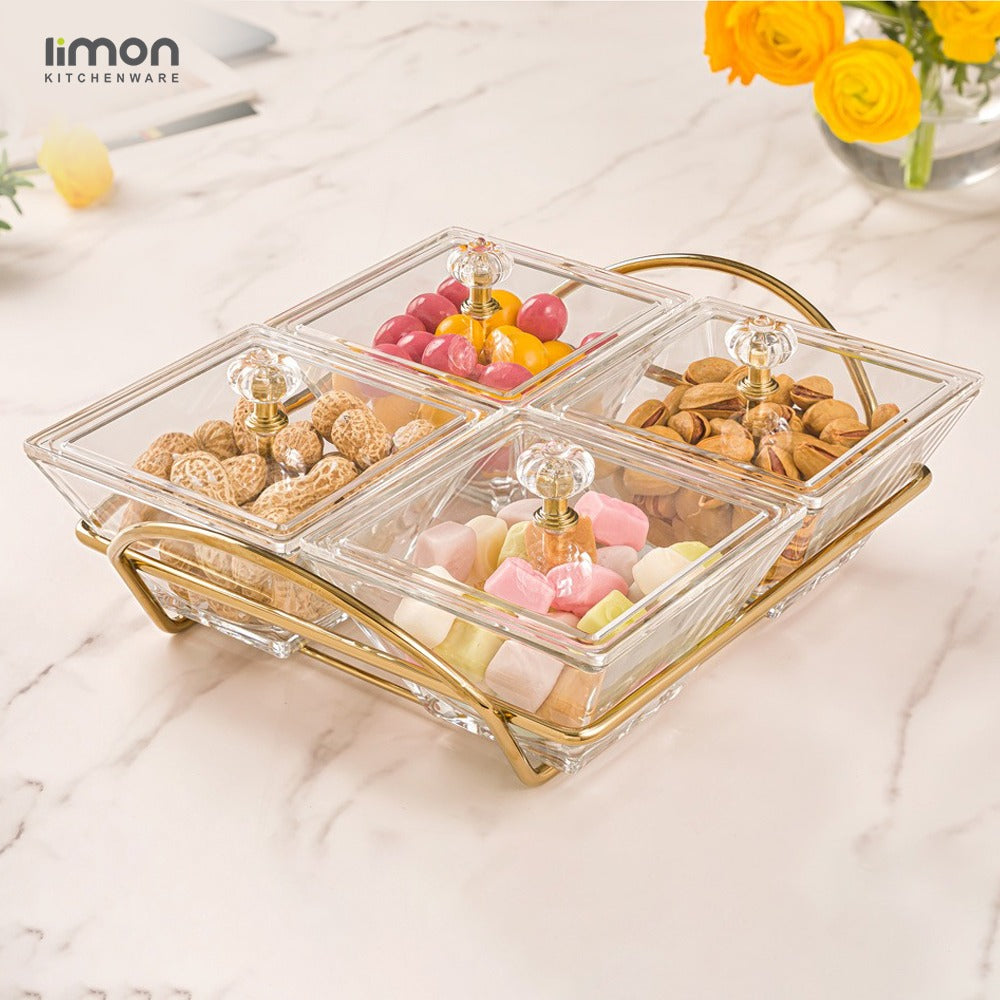 Snack Serving Tray with Acrylic Lid Containing Candies and Nuts.