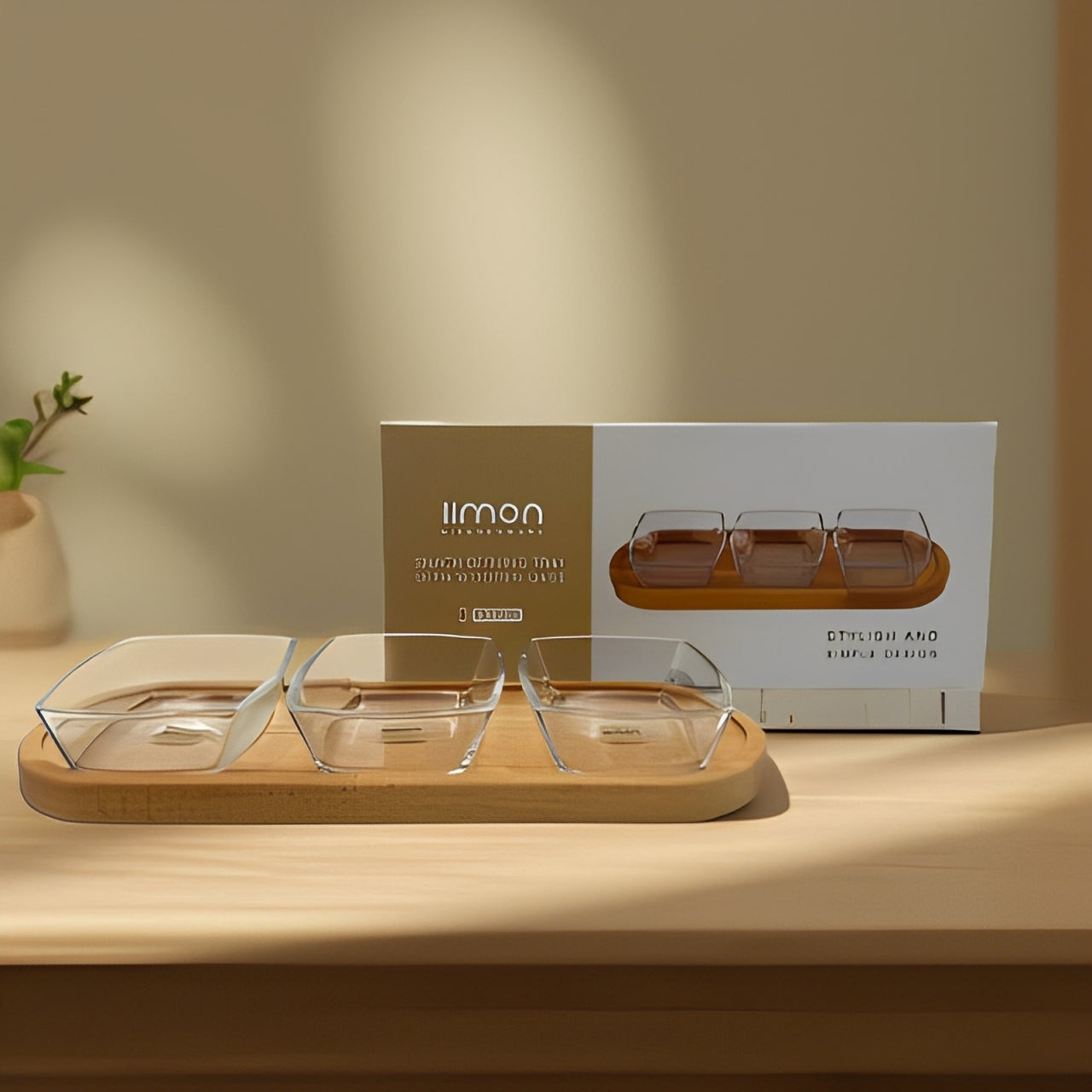 Package Of Snack Serving Tray with Wooden Base.