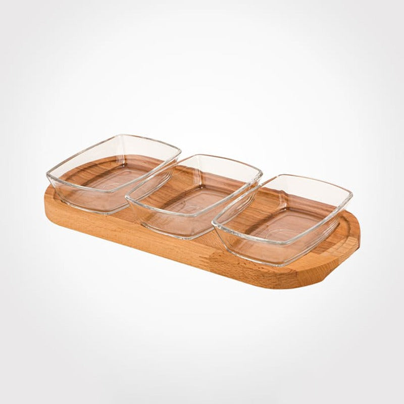 A Snack Serving Tray with Wooden Base.