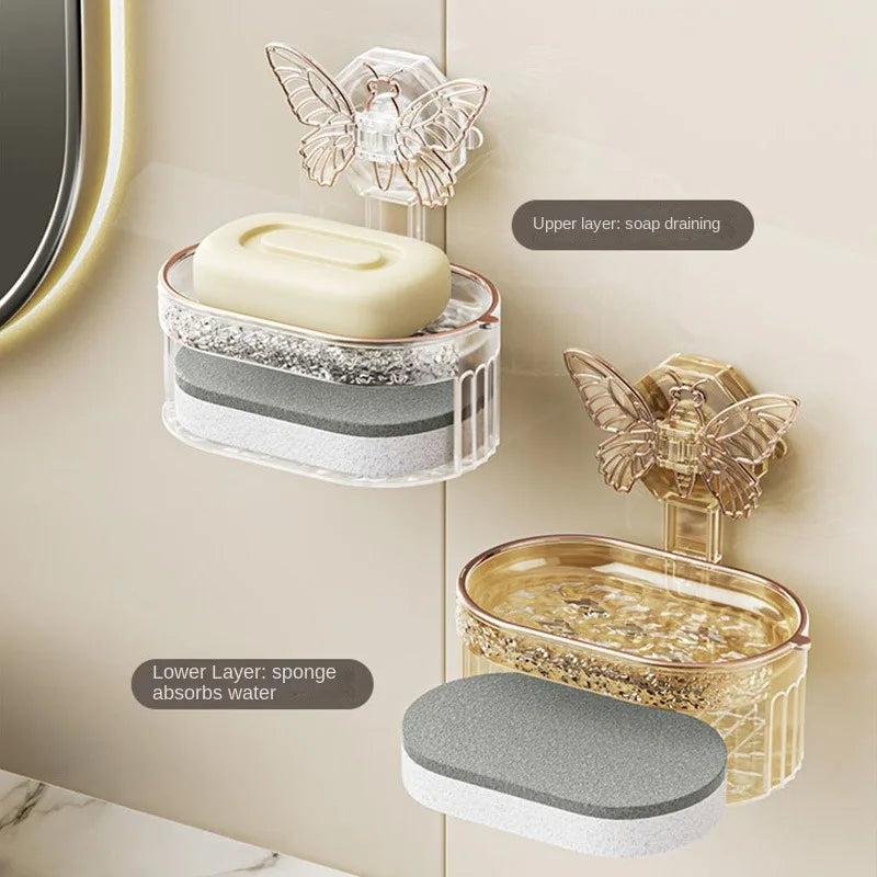 Close-up view of the Double-Layer Butterfly Suction Cup Soap Box with Drainage