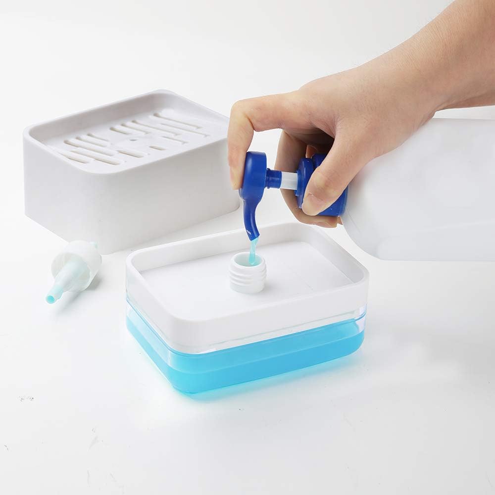 A refillable sponge holder with a built-in soap reservoir, shown being filled with liquid soap, featuring a press-top design for easy and controlled dispensing during cleaning.