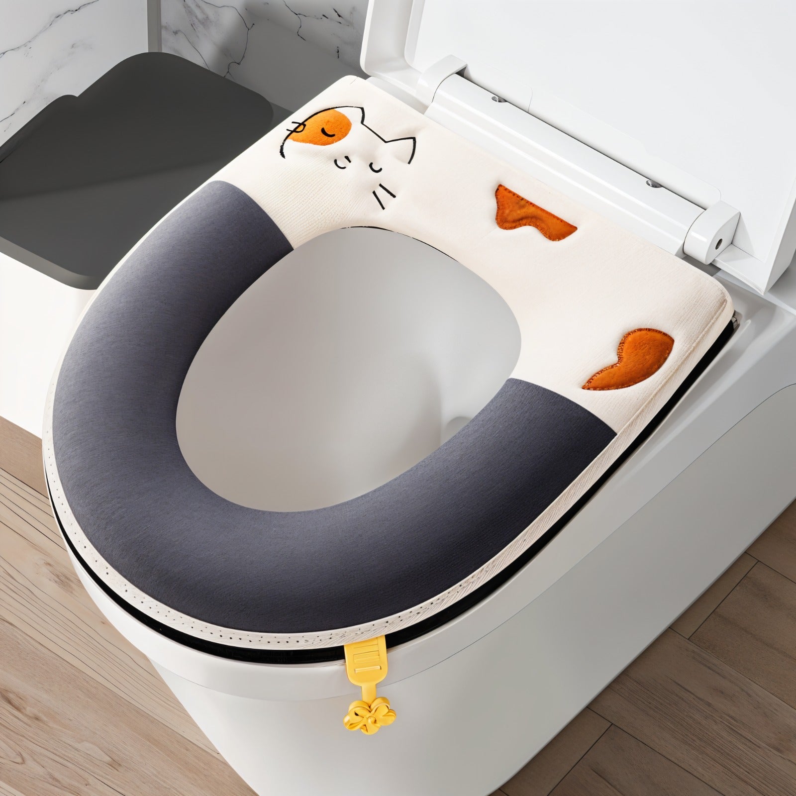A Soft Plush Toilet Seat Cover Cushion shown fitted on a toilet.