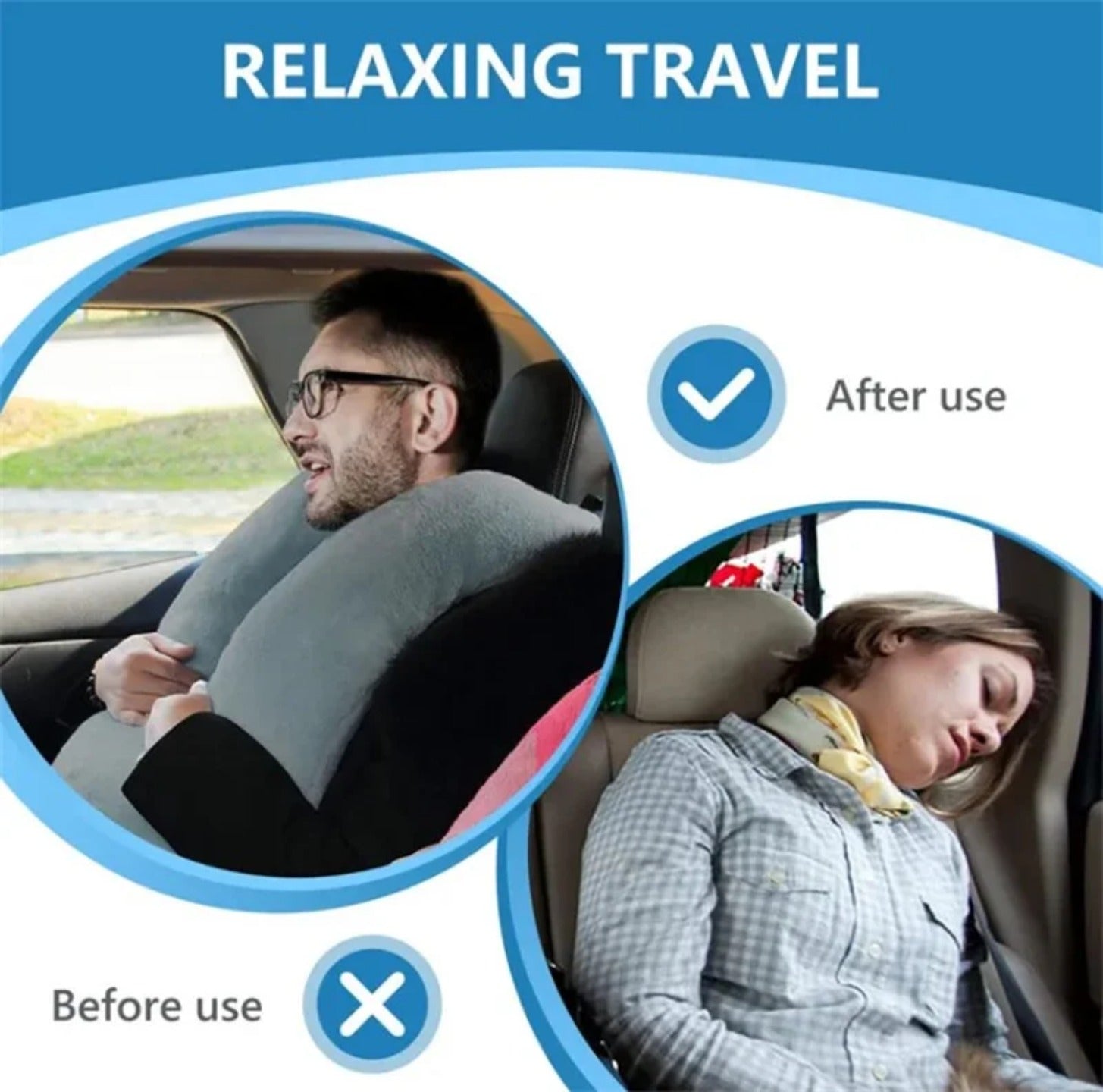 Two Person are Demonstrating Before and After Use Of Soft U-Shaped Travel Neck Pillow.