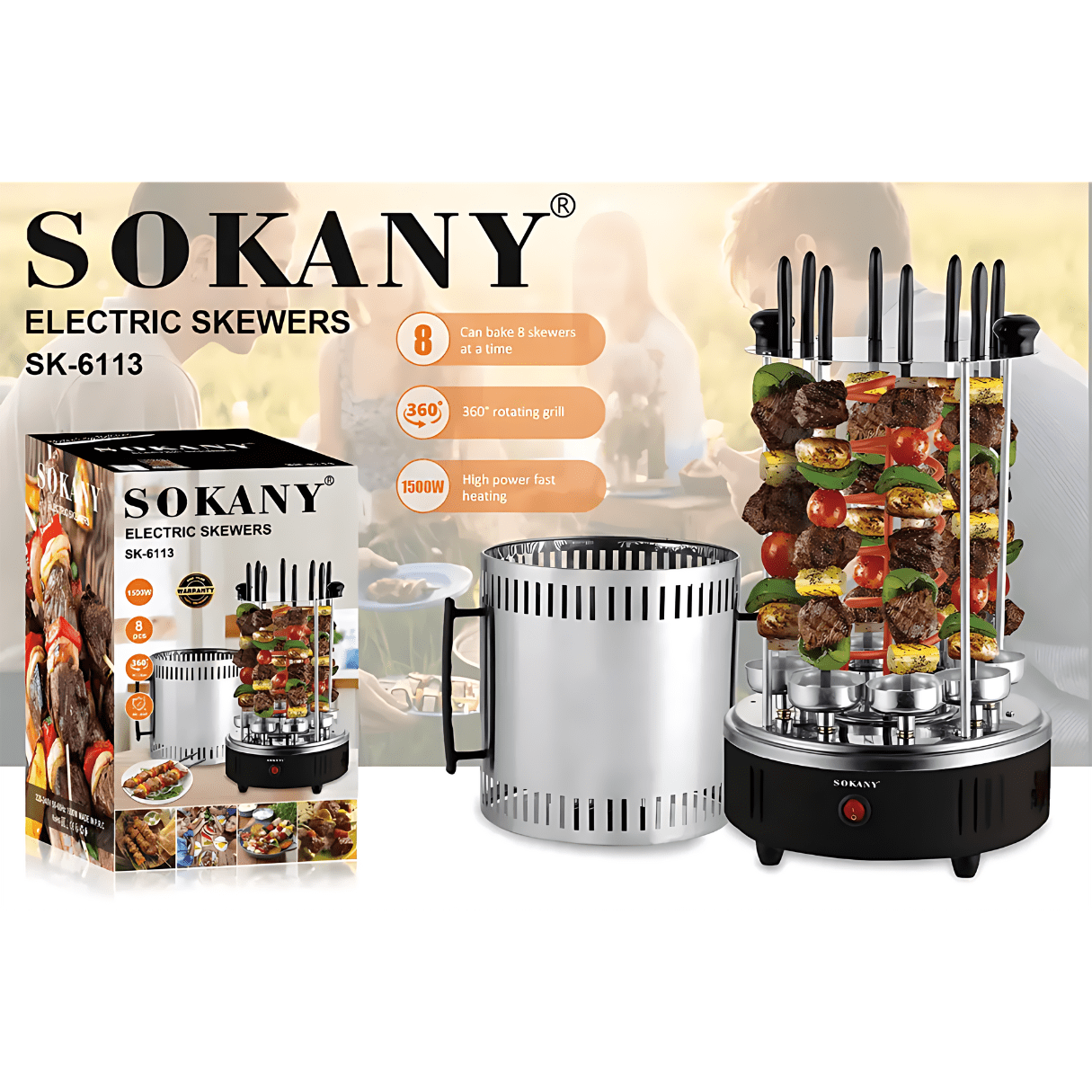A Sokany Electric Barbecue Skewers Grill with its Pack.
