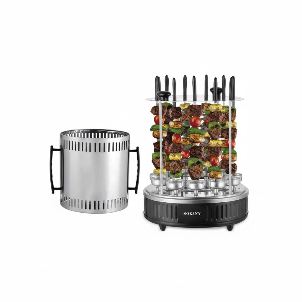 A Sokany Electric Barbecue Skewers Grill with Kebab in Making.