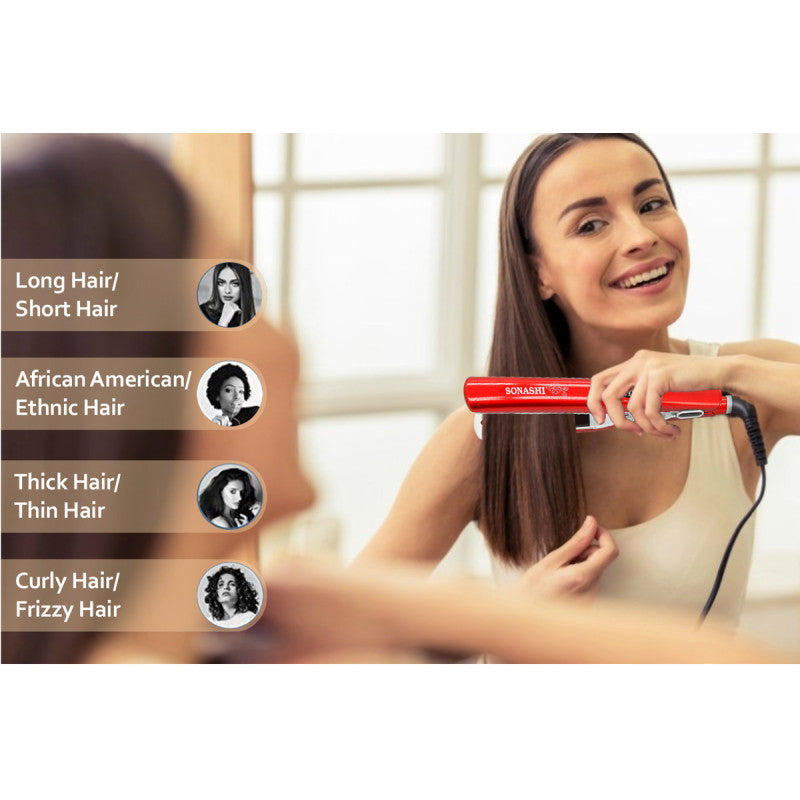 A Woman is Straightening her Hair Using Sonashi Hair Straightener.