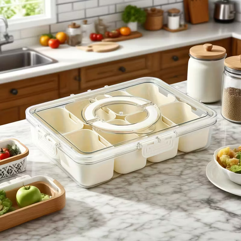 A Spice Grid Divided Serving Tray is Placed at Kitchen.