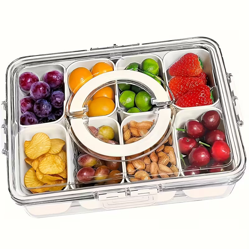 A Spice Grid Divided Serving Tray Filled with Snacks.