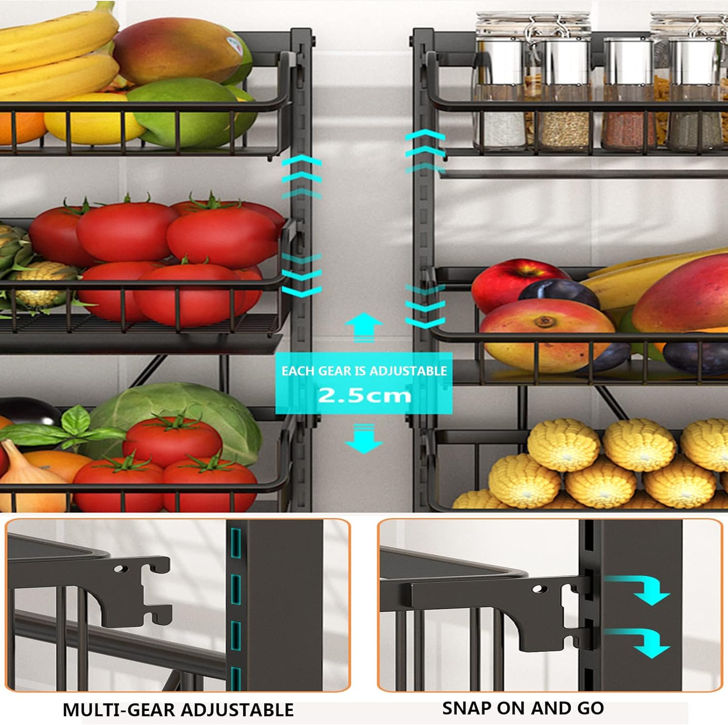 Adjustable Fruit Vegetable Basket Cart with versatile functionality