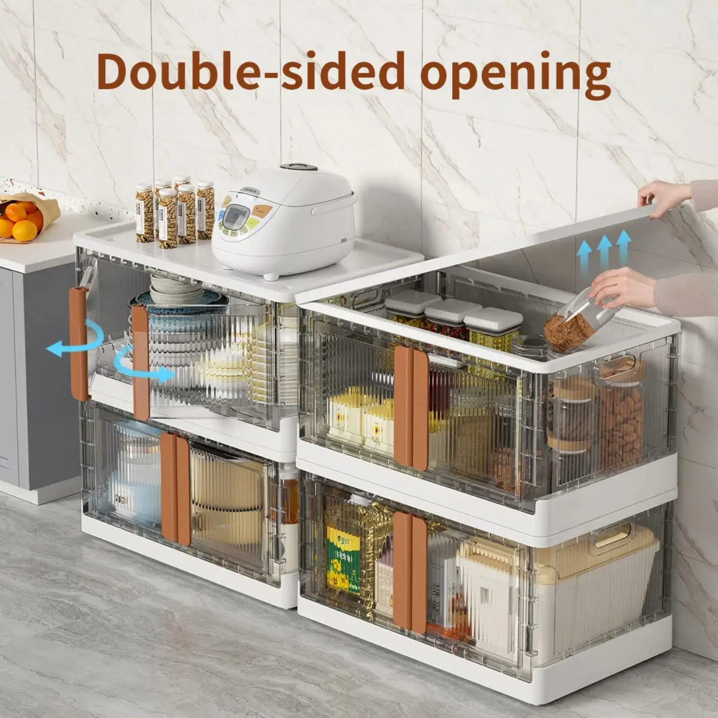 A Stackable Storage Bin is Organized in a Kitchen with Kitchen Essentials.