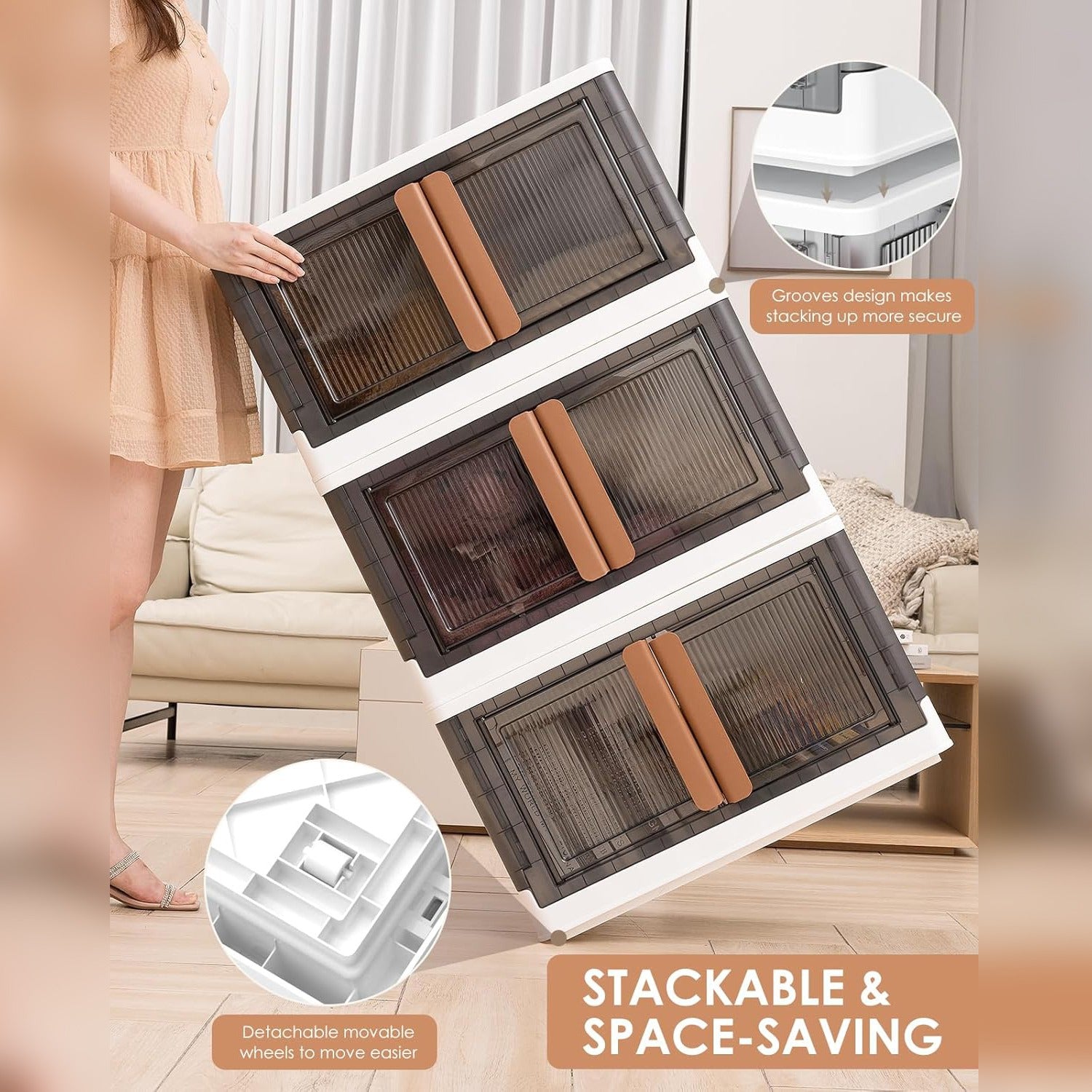 A Woman is Holding Stackable Storage Bins.