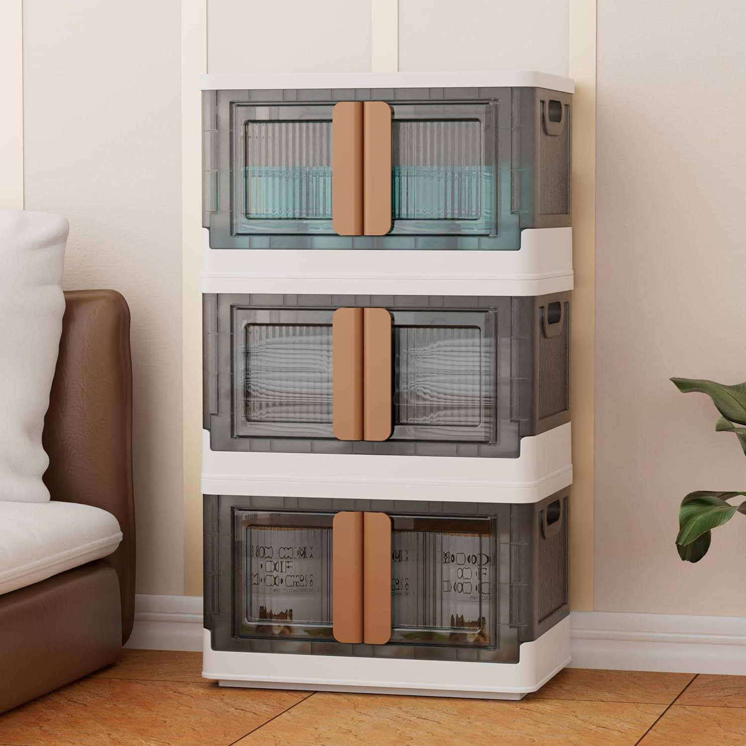 Stackable Storage Bins are Kept at the Corner Of Living Area.