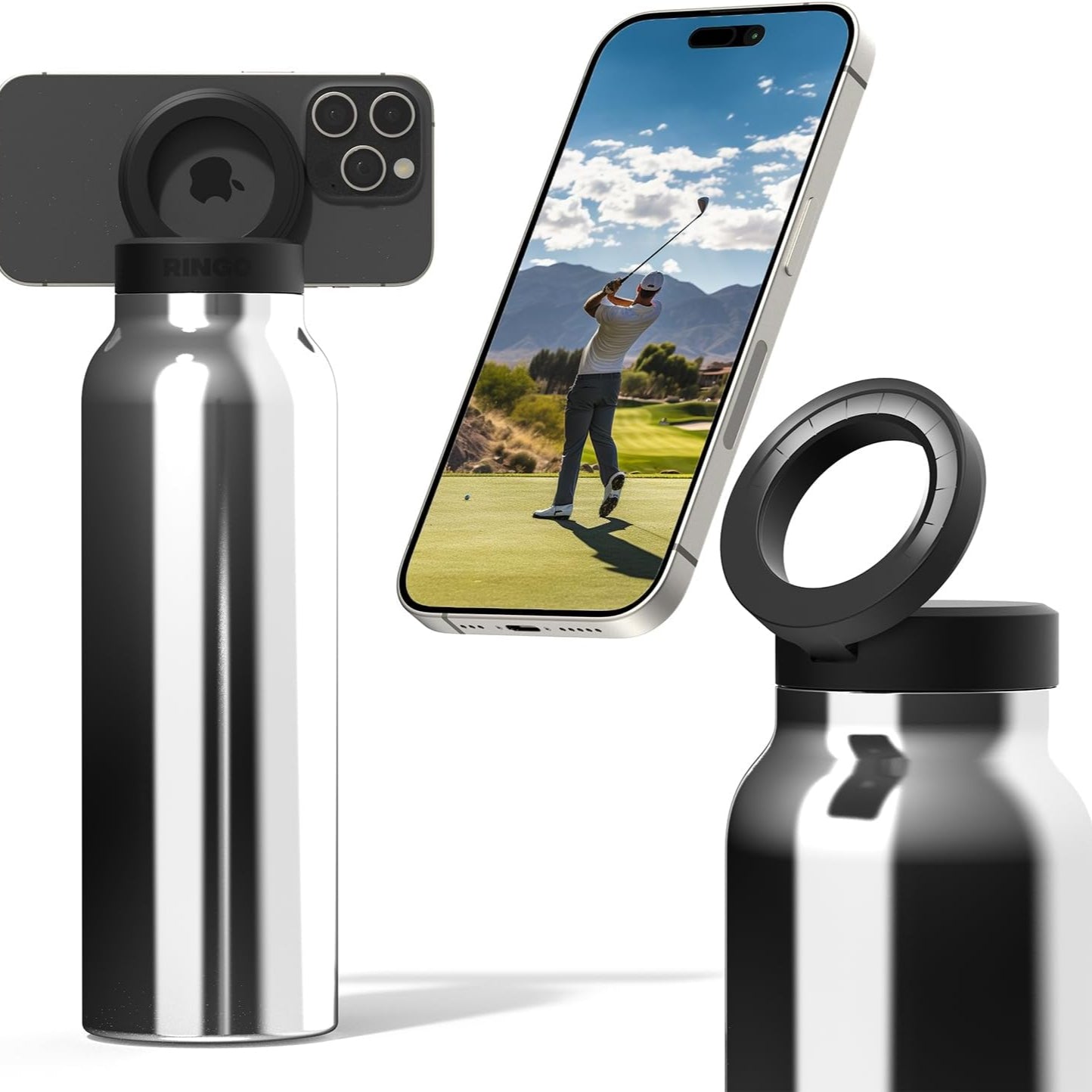 Stainless Steel Vacuum Water Bottle With MagSafe Magnetic Phone Holder Holding Mobile Phone.