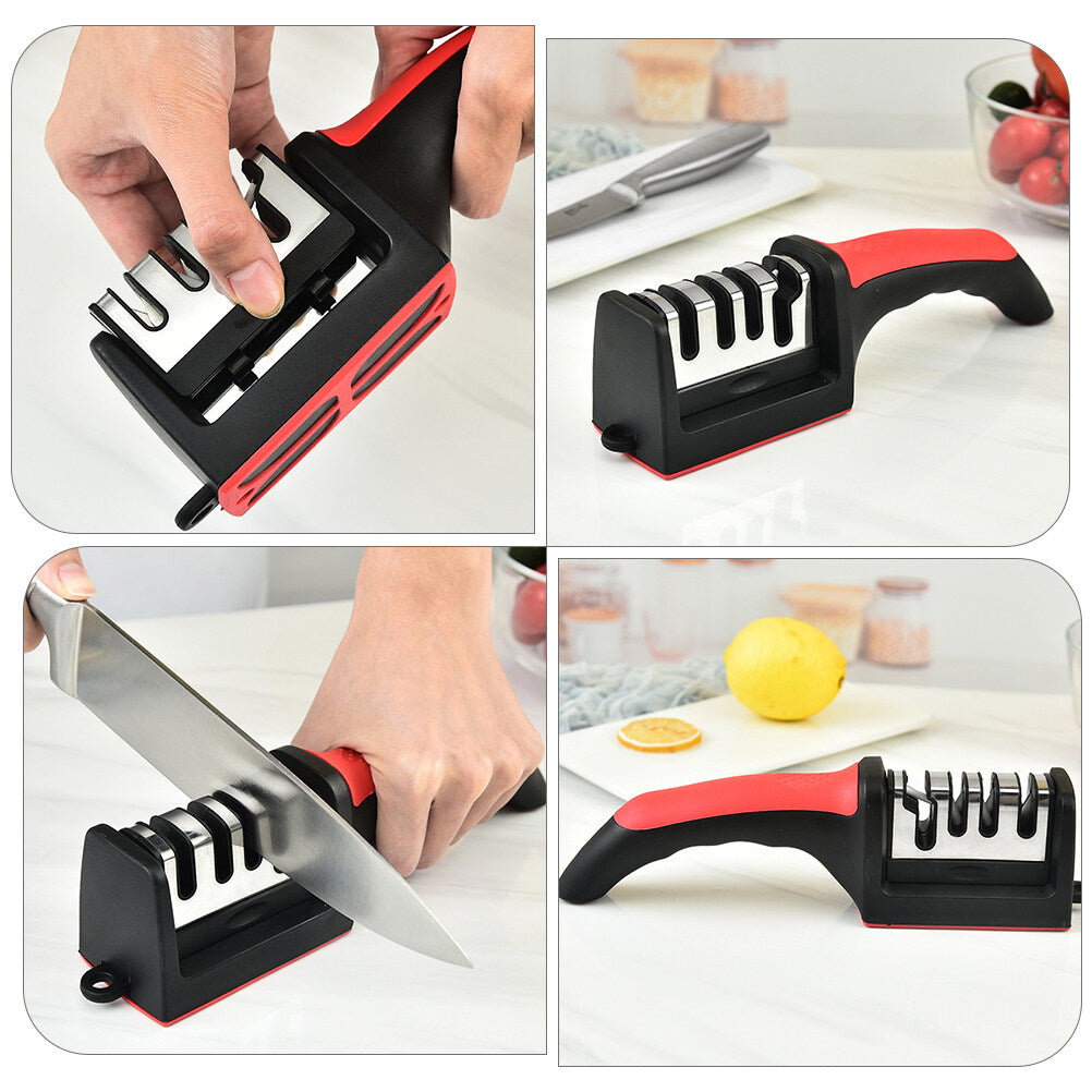 A Person is Fixing Blade Of Kitchen Knife Sharpener and Sharpening the Knife.