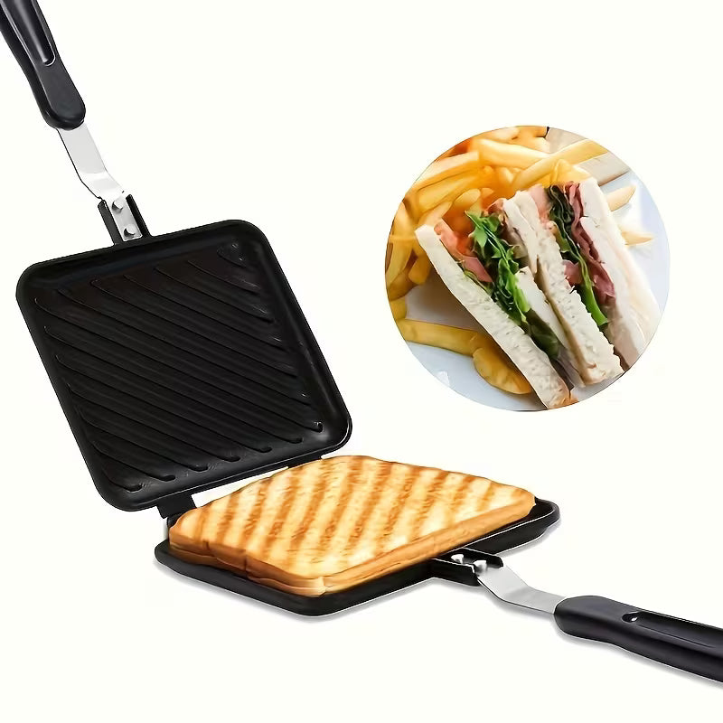 Stovetop Sandwich Maker Grill Pan with Sandwich in Making.