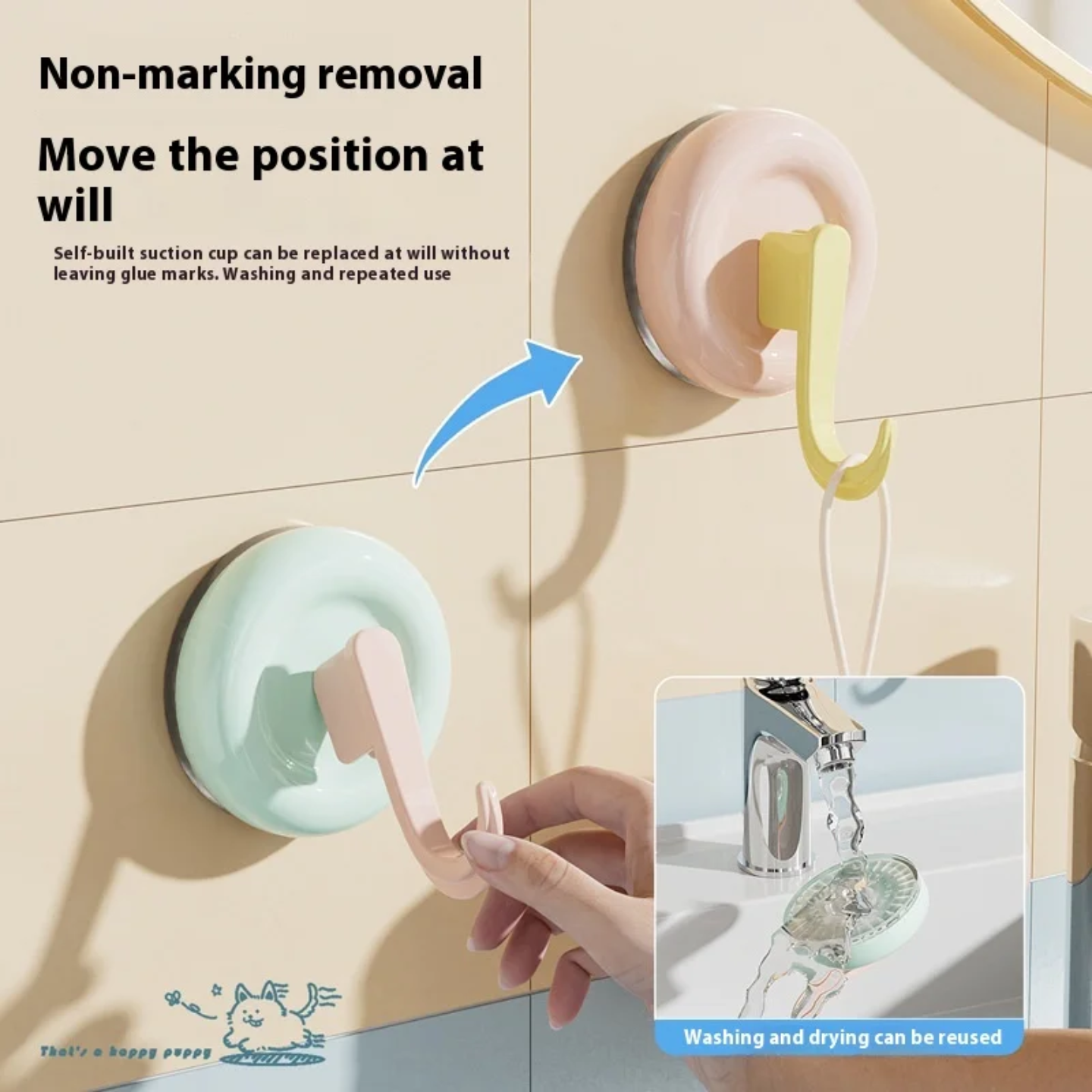 Reusable hook with self-built suction cup on a tiled wall, showing its flexibility and ease of use.