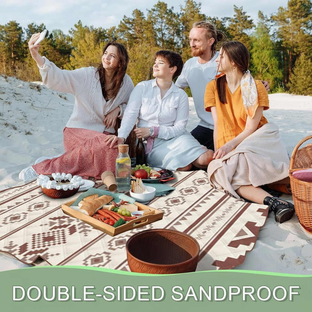 A Group of Friends Enjoying at Beach by Sitting on Stylish Camping Mat Arranged with Food Items.