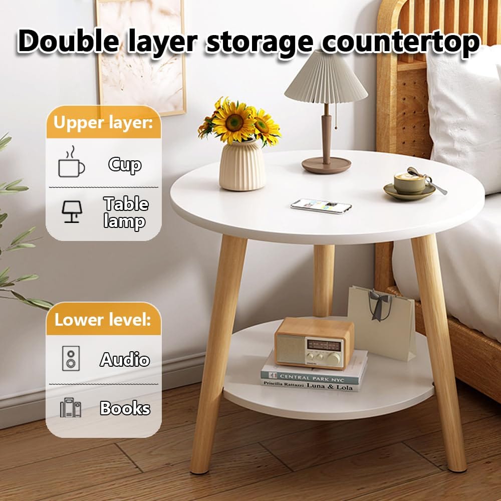 Double layer side table placed in a bedroom