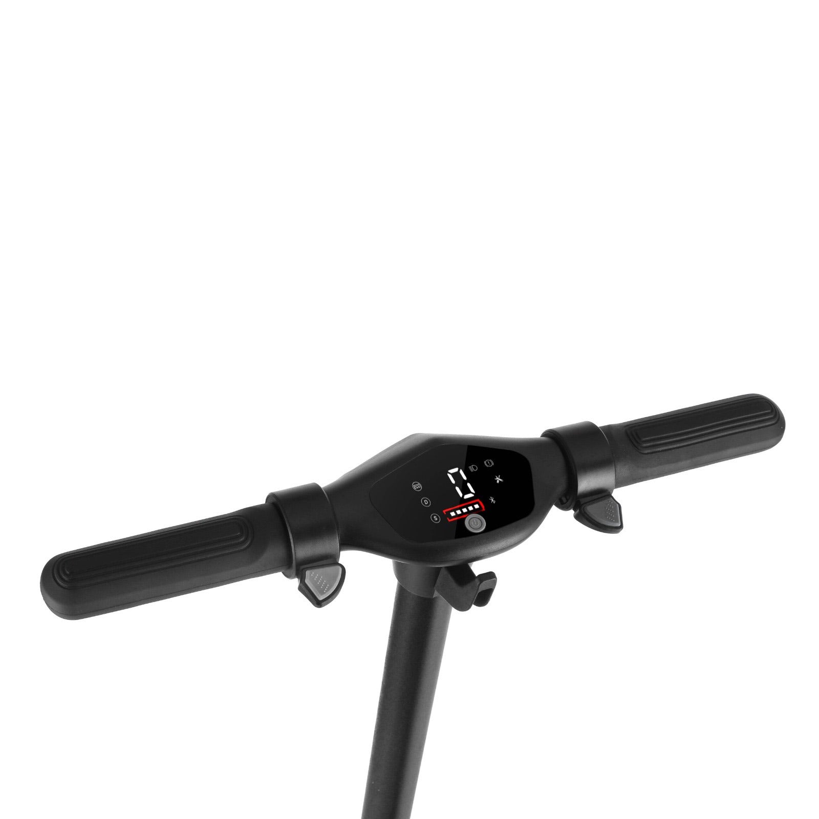 Close-up of a TakTik Kids Electric Scooter handlebar with a digital display screen in the center, set against a solid white background.