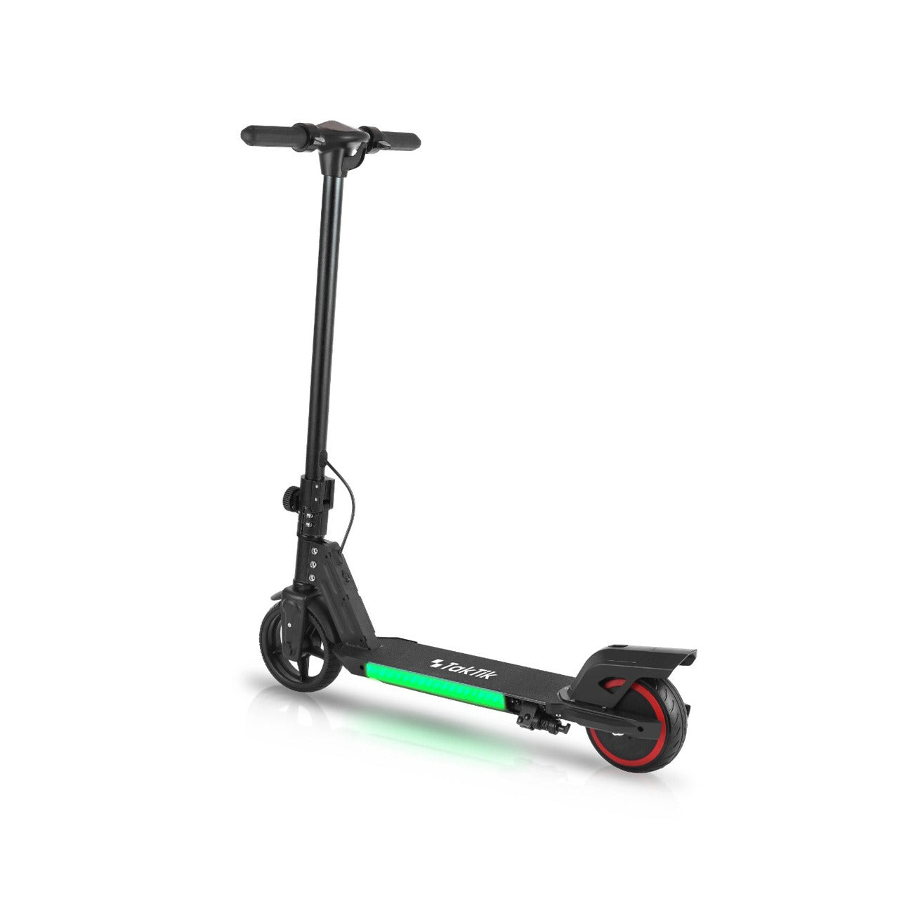 A black TakTik Kids Electric Scooter with a bright green illuminated deck bar and red accents on the rear wheel, shown on a clean white background.