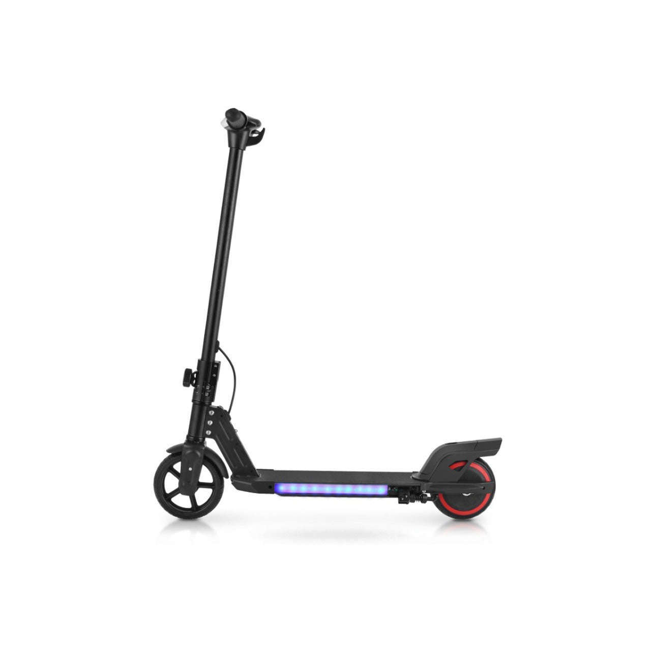 A TakTik Kids Electric Scooter with a blue LED light strip on the deck and red accents on the rear wheel, shown from a side profile against a white background.