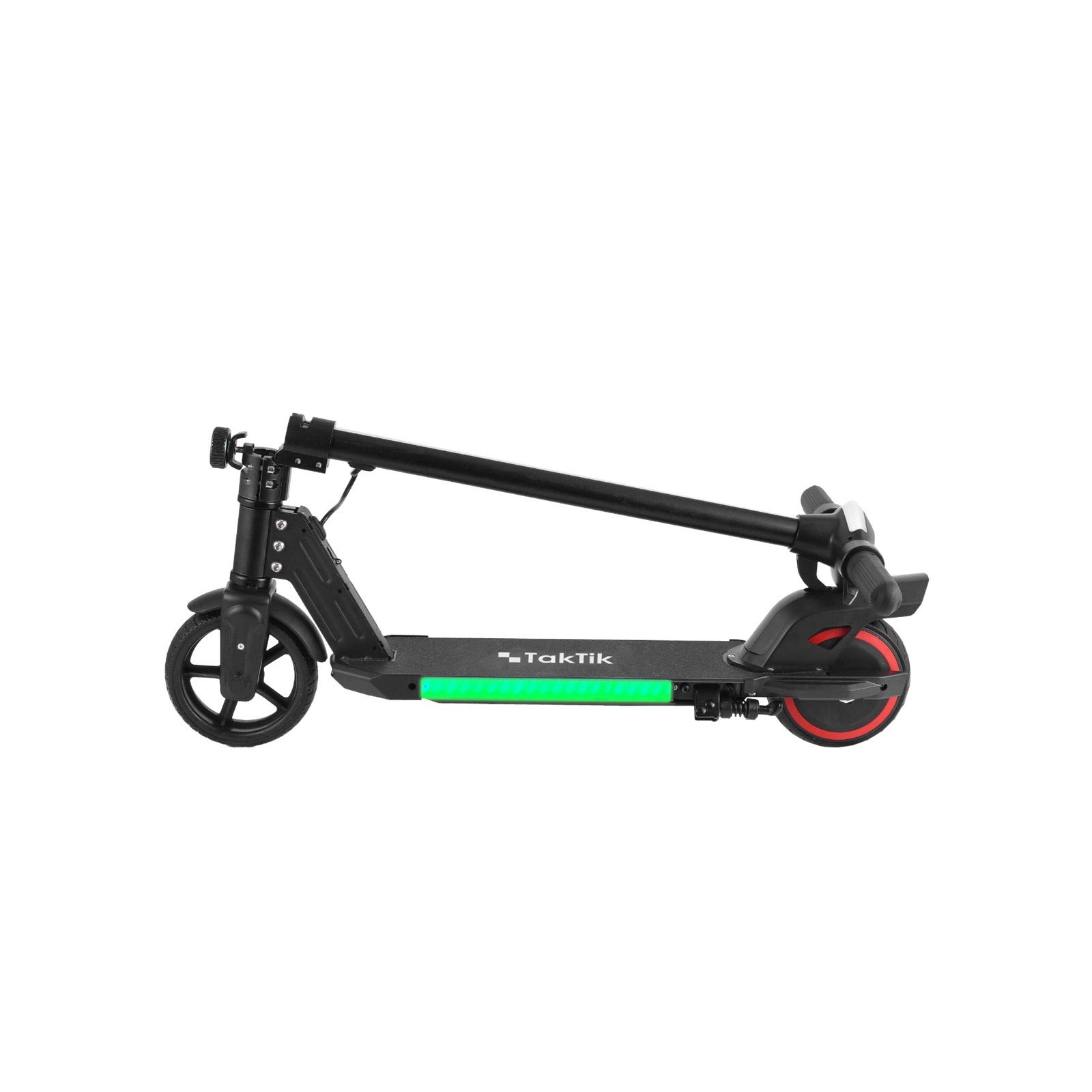 A black TakTik Kids Electric Scooter with a green accent strip and red wheel trim, shown in a folded position on a plain white background. The brand name 'Tuktik' is visible on the deck.