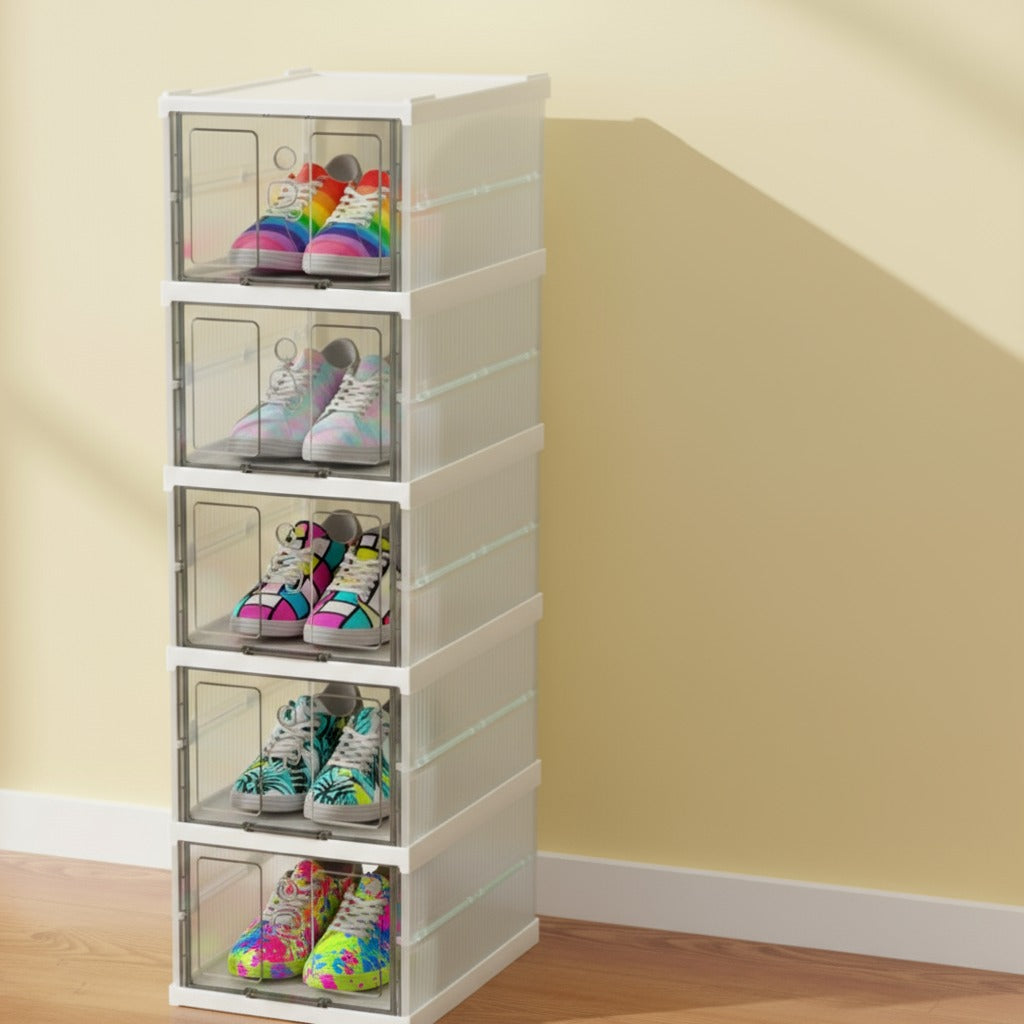 A Telescopic Folding Shoe Rack is Organized with Shoes.