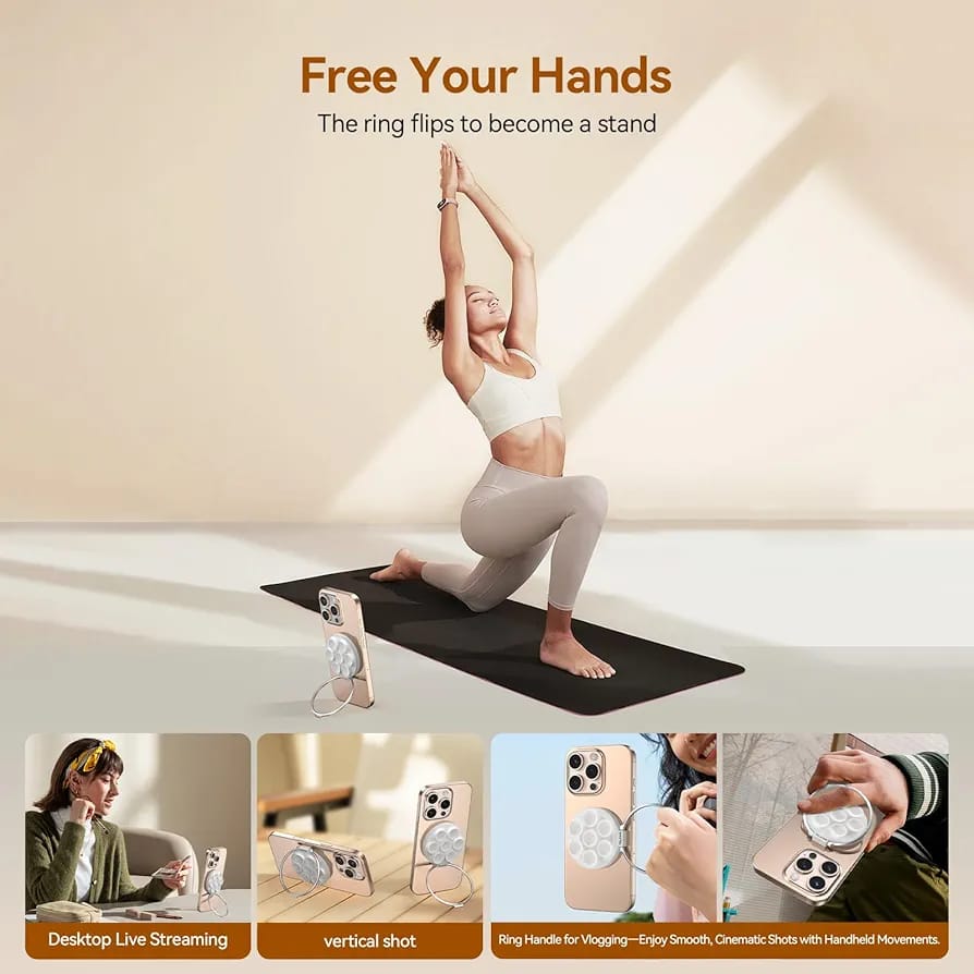 A Women is Doing Yoga By Placing Phone Using Telesin Magnetic Phone Mount.