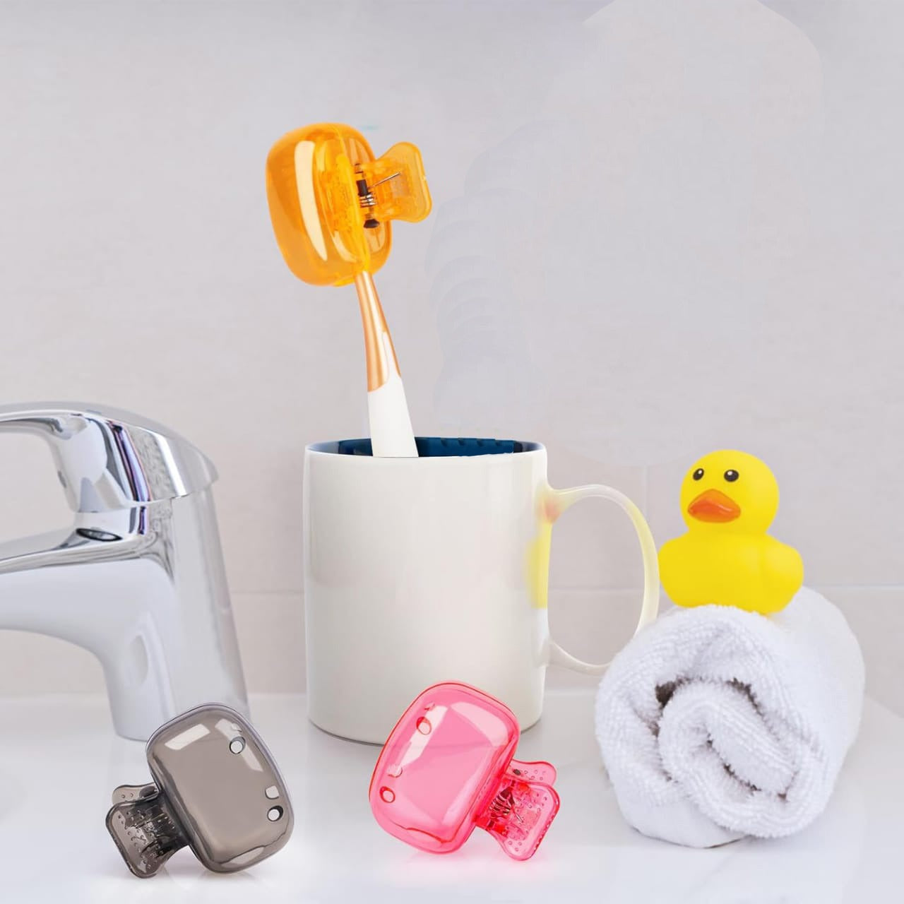 Toothbrush is Covered With Toothbrush Head Cover Cap And Placed it On Toothbrush Holder.