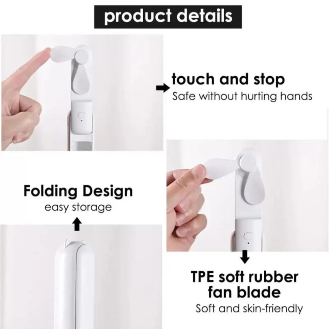 A Person is Touching The Blades Of Multifunction Folding Mini Fan.