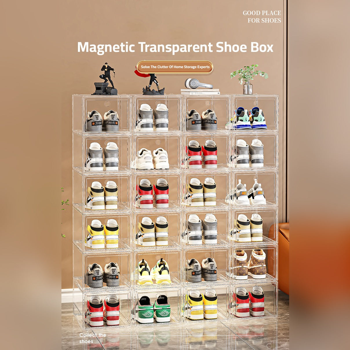 Shoes are Organized at Stackable Transparent Shoe Box Organizer.