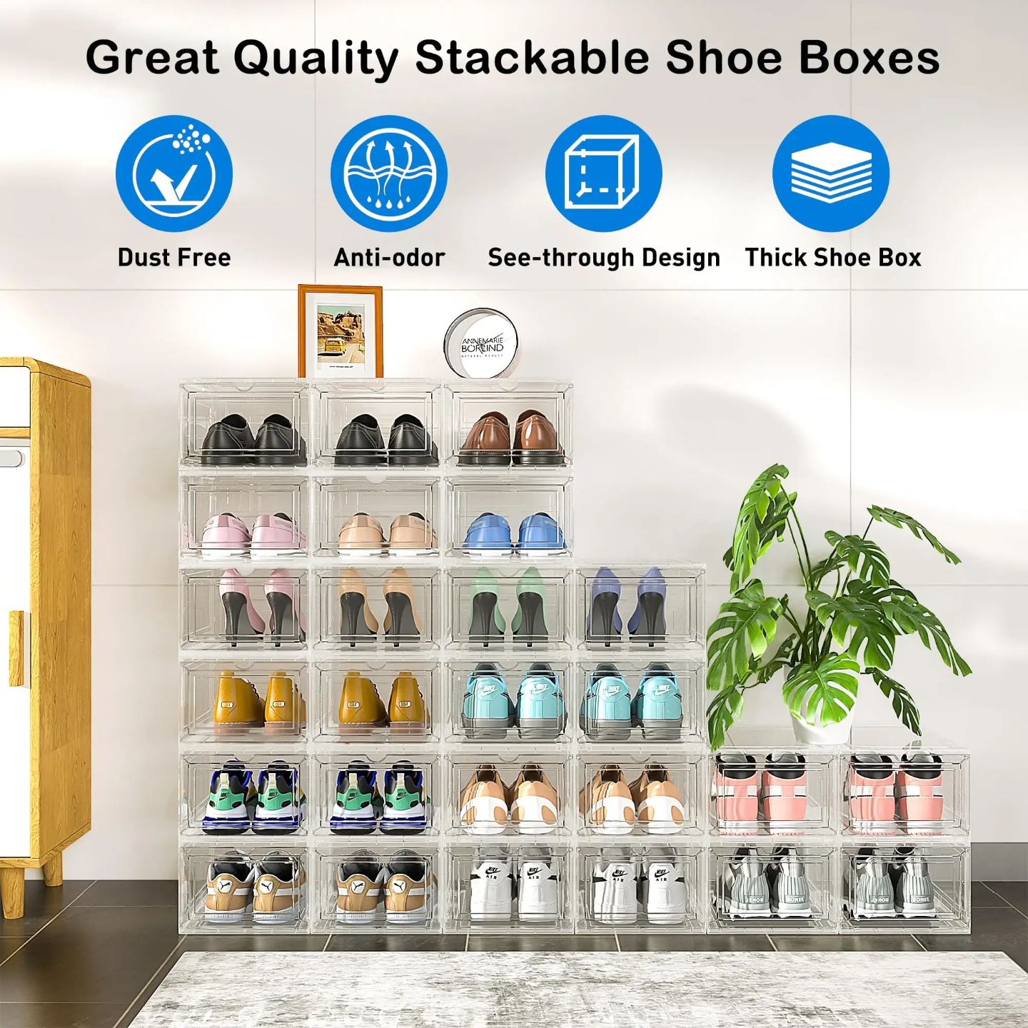 Shoes are Organized at Stackable Transparent Shoe Box Organizer.