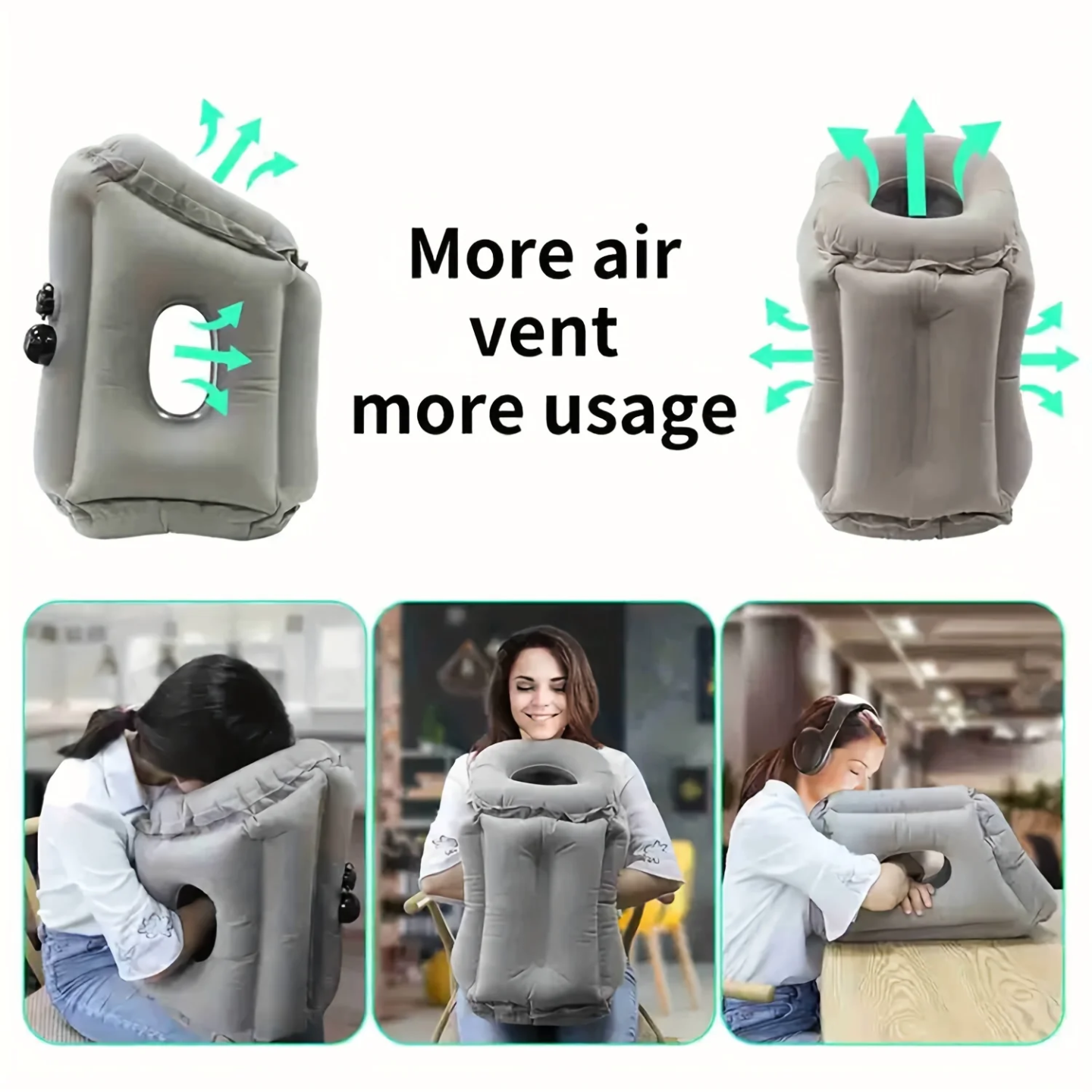 A Woman is Demonstrating the Use Of Travel Neck Pillow in Different Positions.