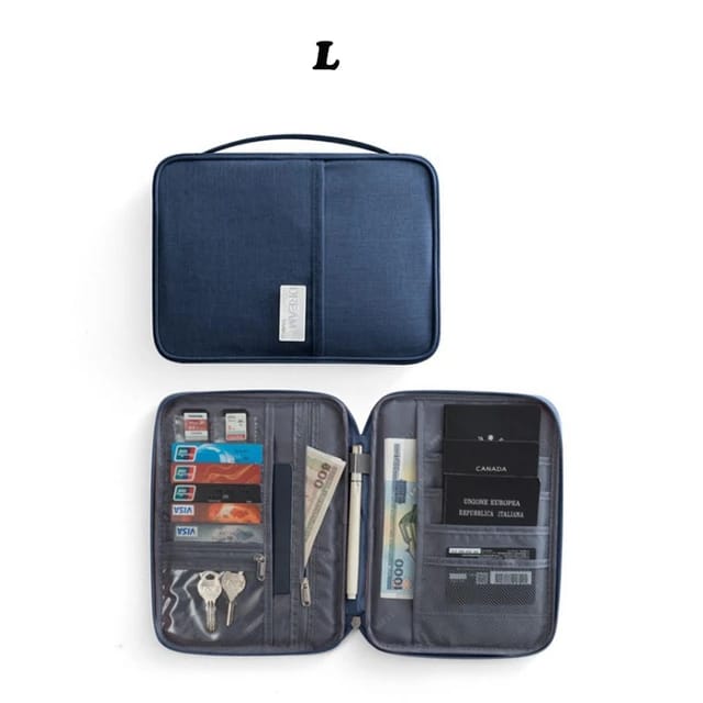 different sides of the Travel Passport and Document Organizer Bag in blue color