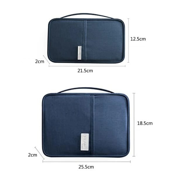 Travel Passport and Document Organizer Bag in blue color with its size