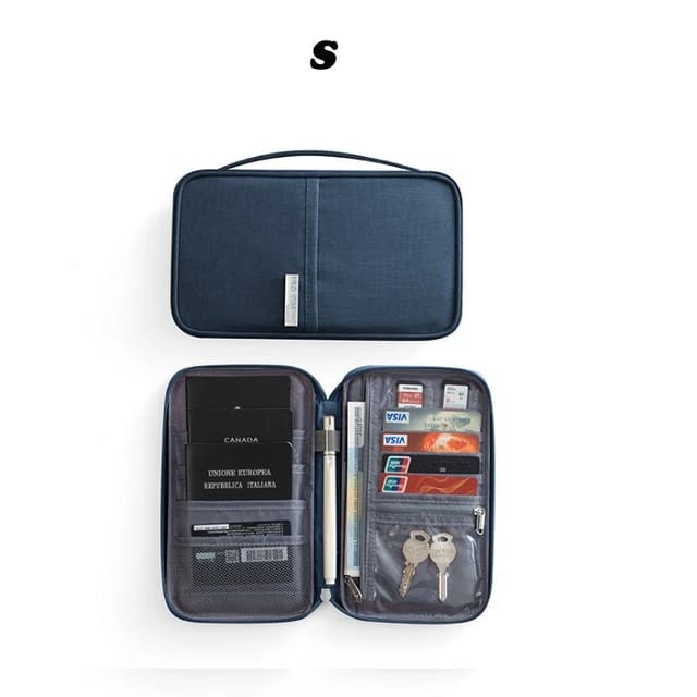 different sides of the Travel Passport and Document Organizer Bag in blue color