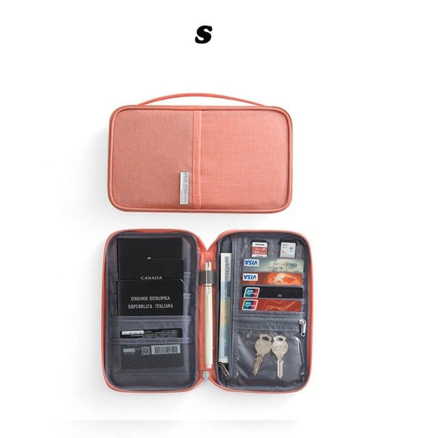different sides of the Travel Passport and Document Organizer Bag in pink color