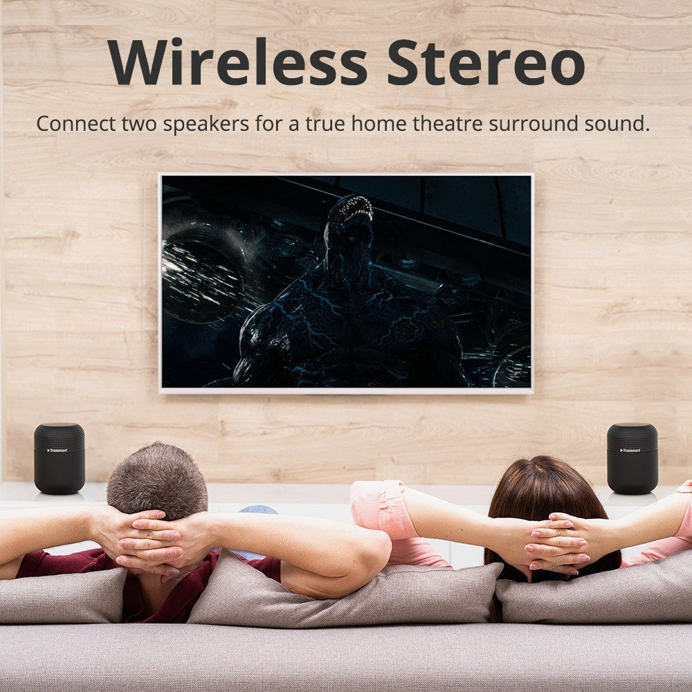 A Couple is Watching TV By Connecting to Tronsmart Element T6 Max Wireless Speaker.