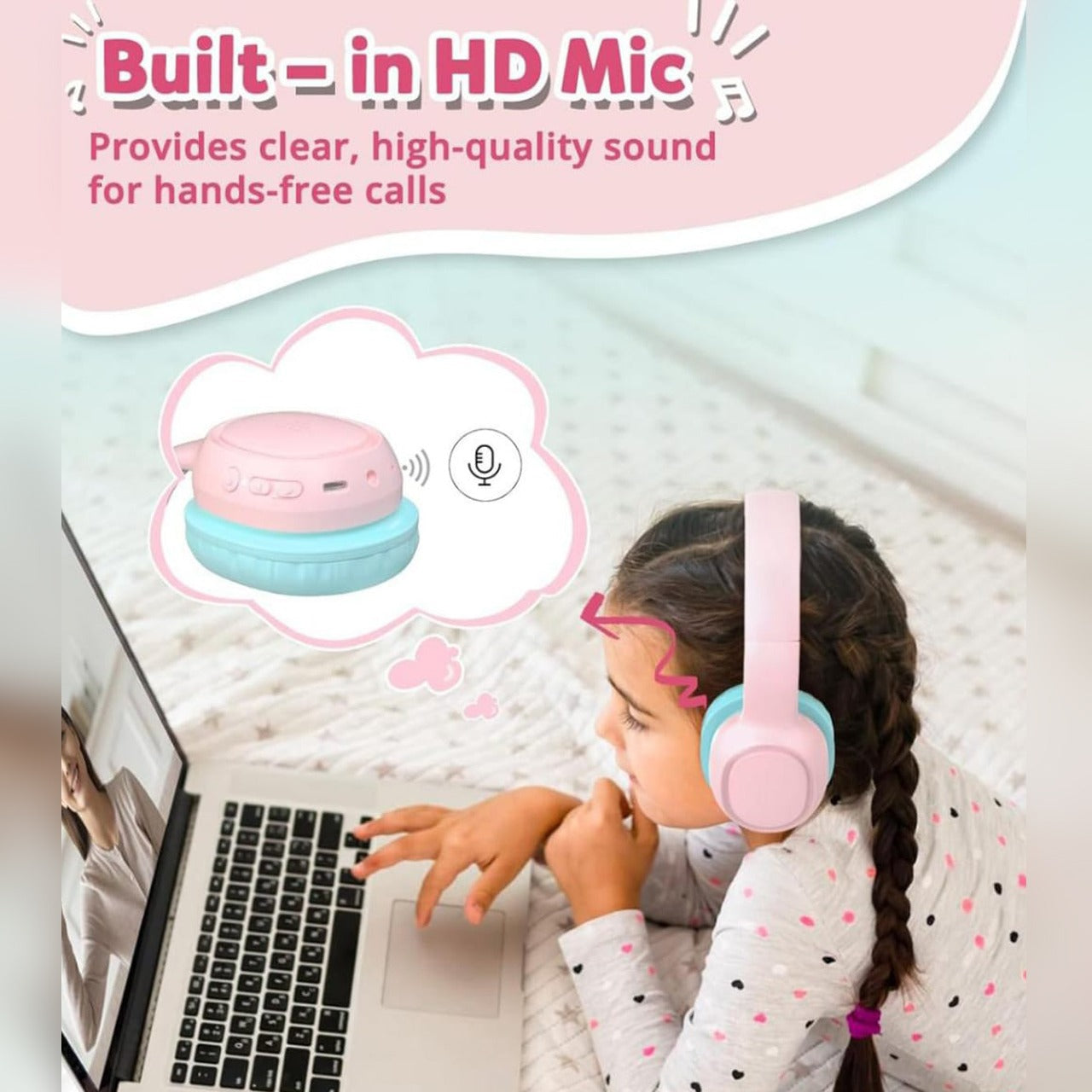 A Baby Girl is Using Tronsmart KH02 Wireless Kids Headphone While Using Computer.