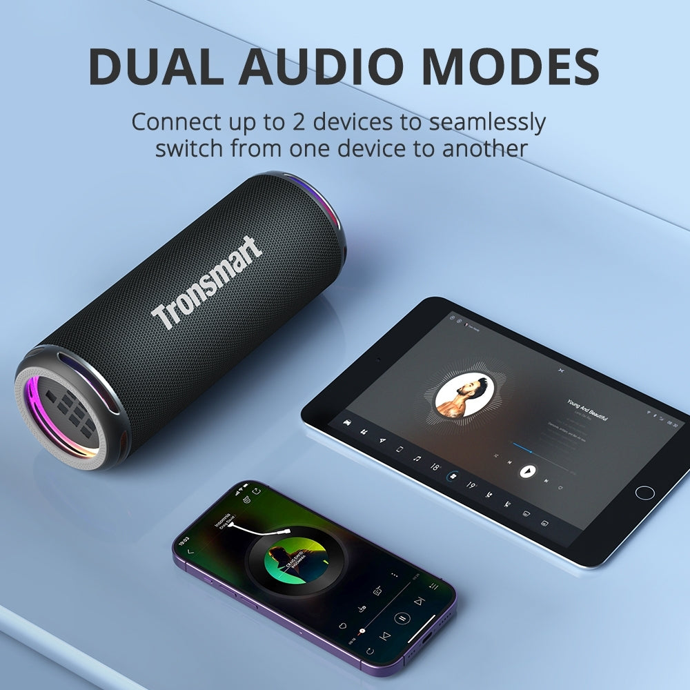 Tronsmart T7 Lite Portable Outdoor Speaker is Connected to Tablet and Mobile Phone.