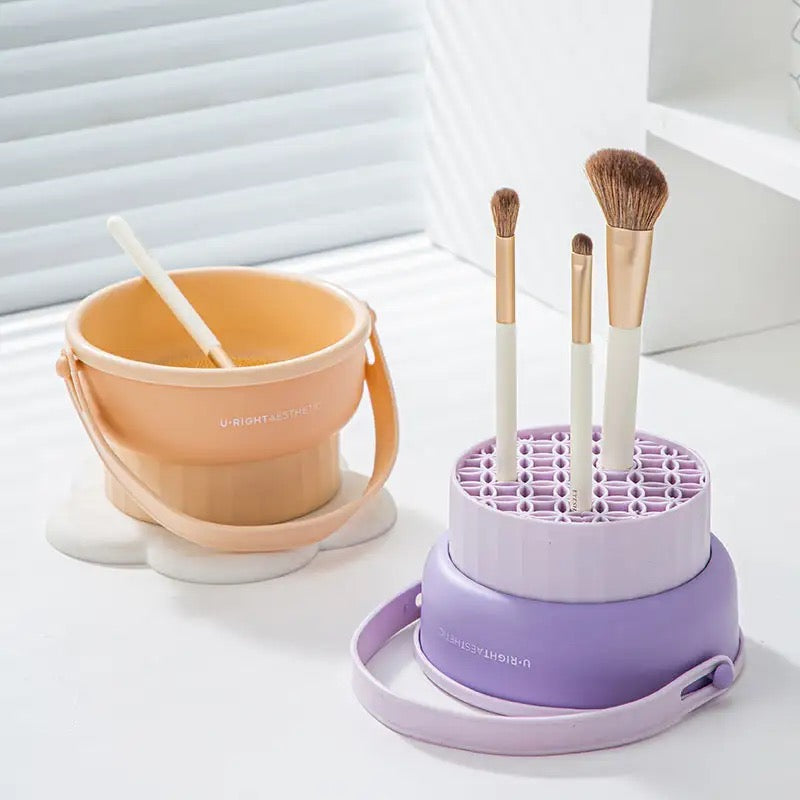 Makeup Brush Cleaning Mat with Brush Drying Holder placed on the floor