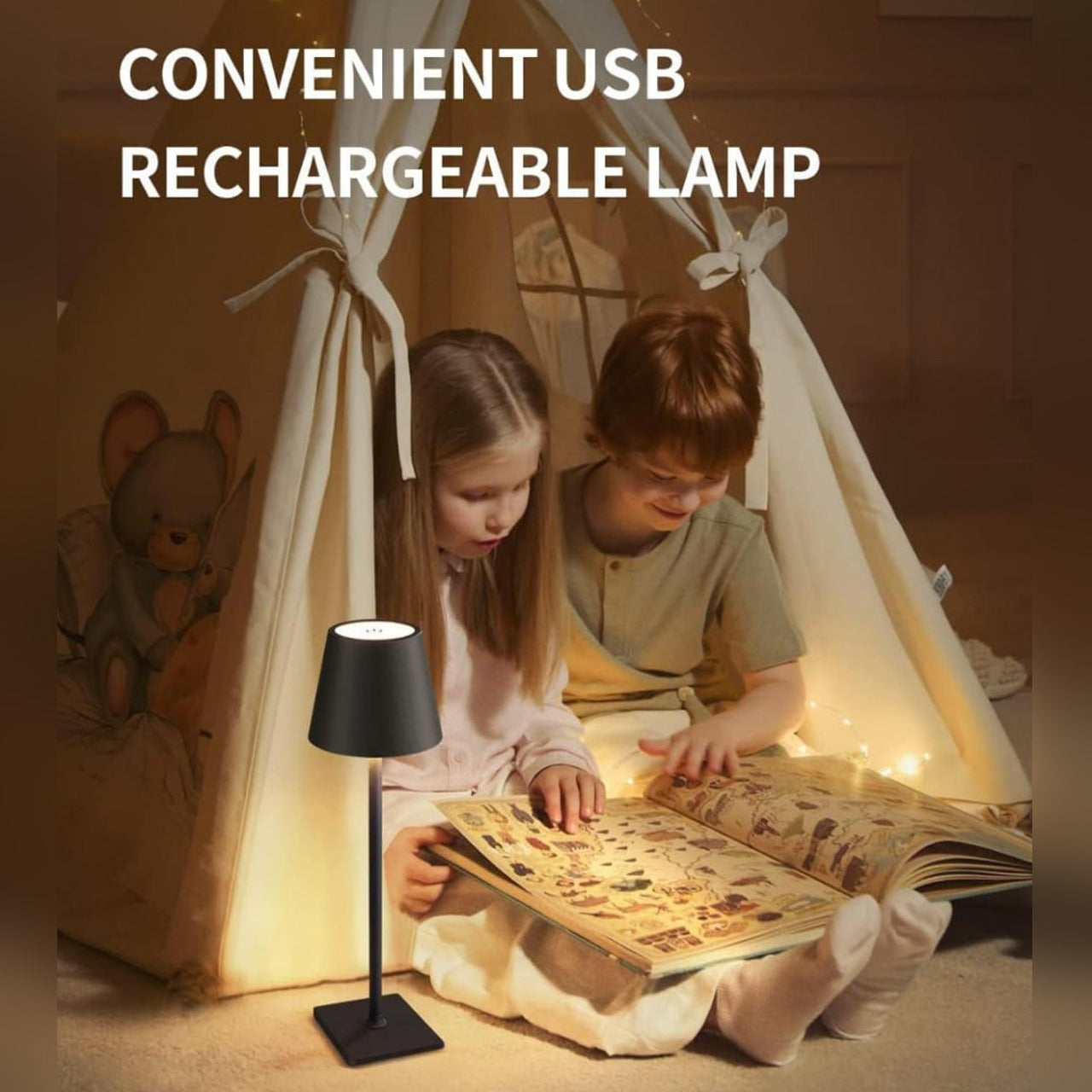 Children are Reading Book By Using USB Cordless LED Table Lamp Is Placed On a Table.