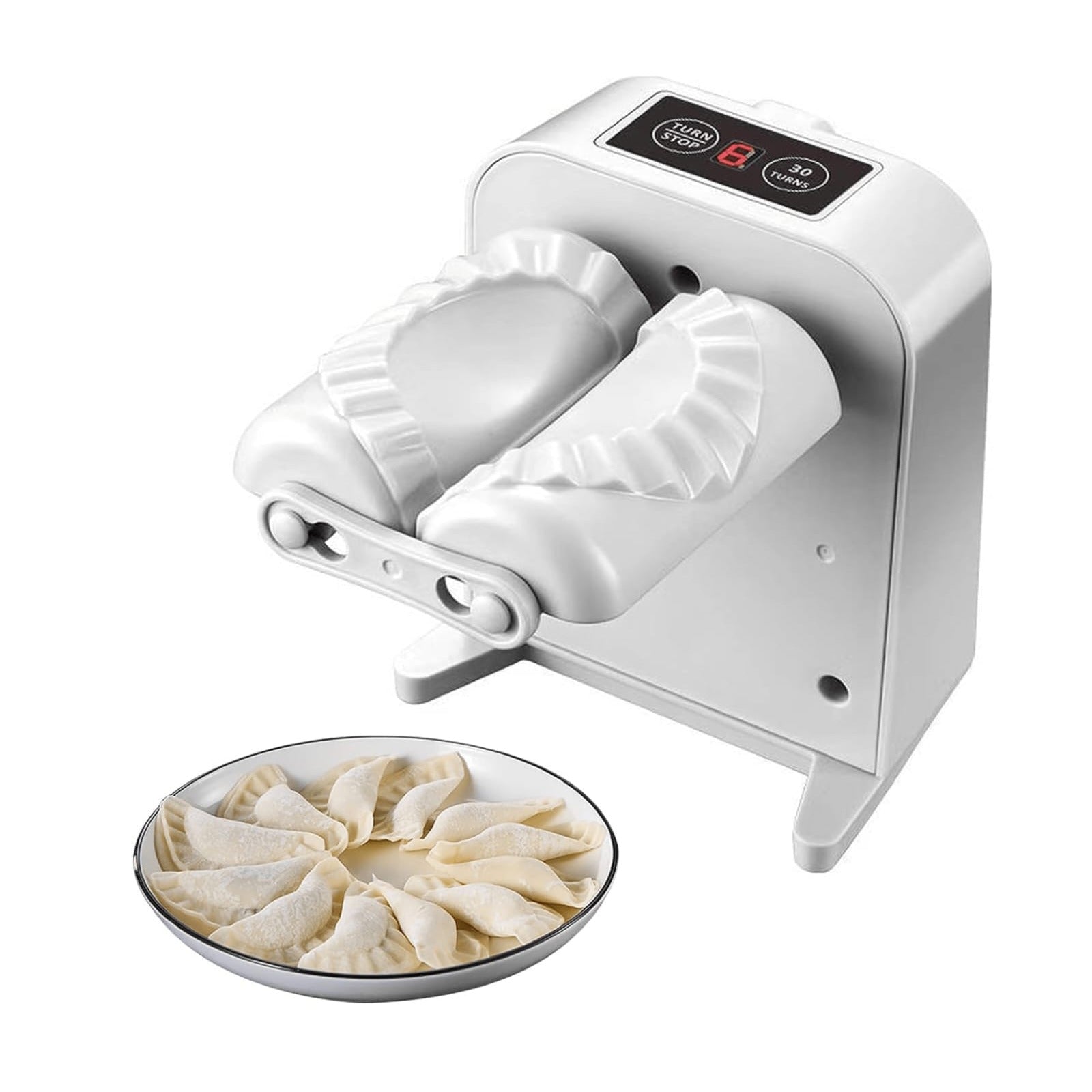 USB Rechargeable Electric Dumpling Machine placed next to plates of dumplings