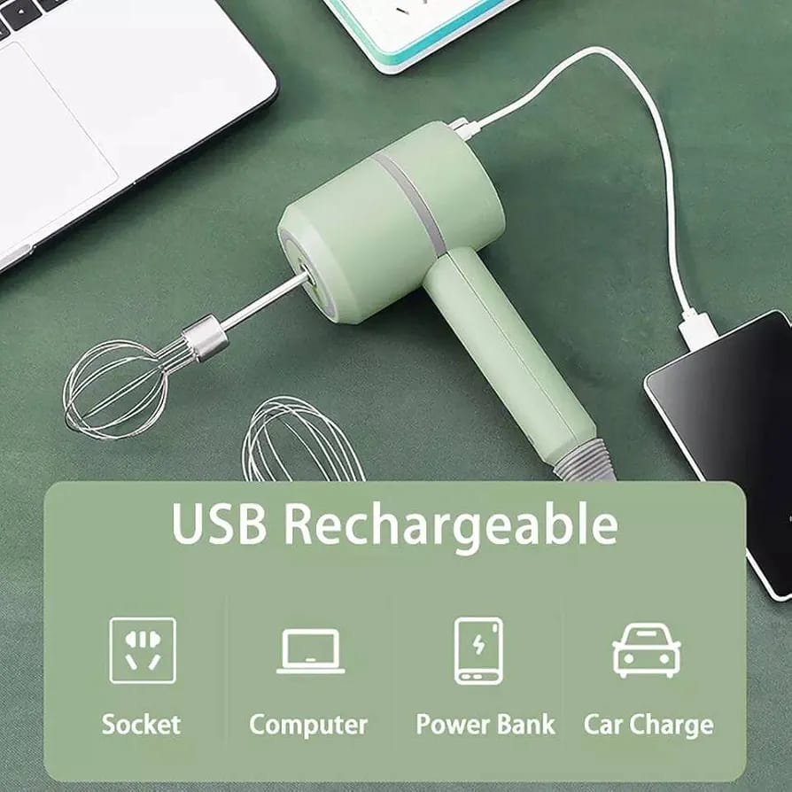 A USB Rechargeable Hand Mixer is Connected to Mobile Phone For Charging.
