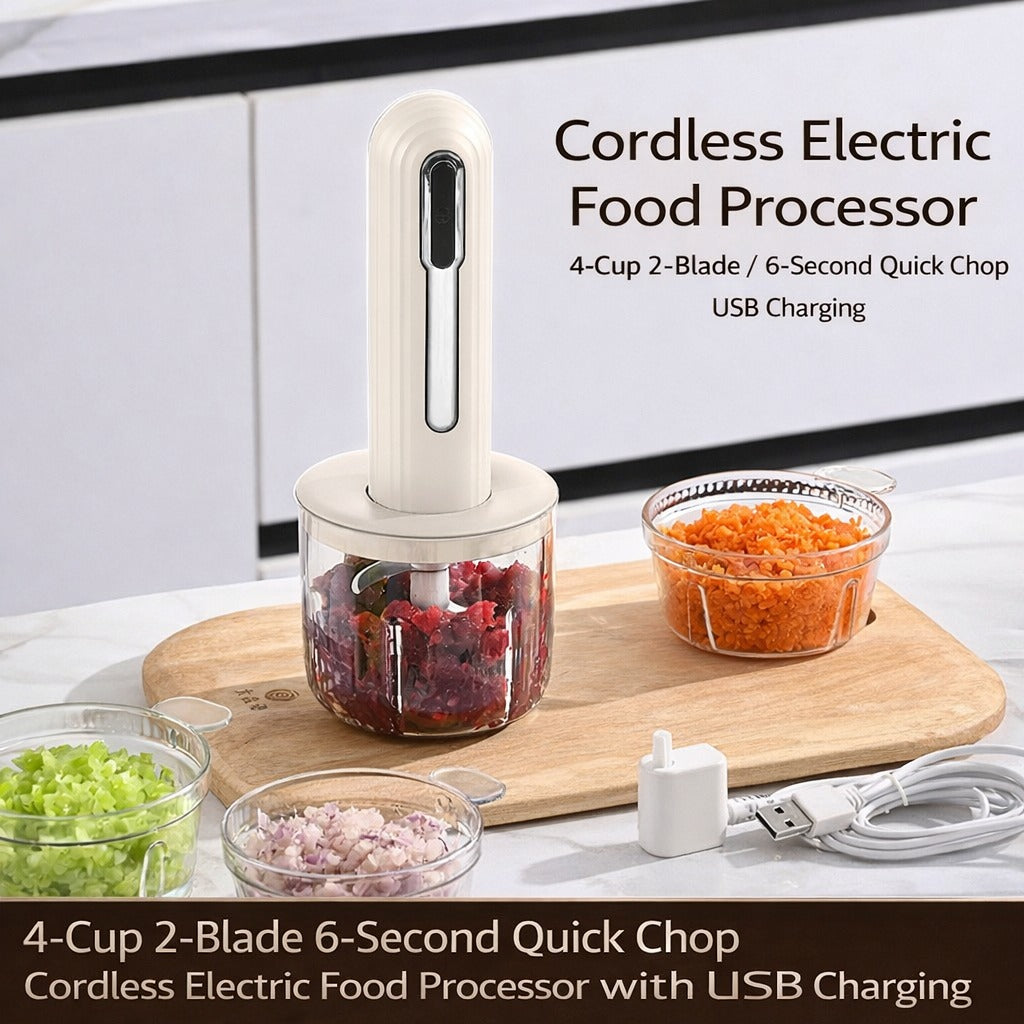 Cordless electric food processor with USB charging shown on a kitchen counter, chopping meat in a clear container, surrounded by diced vegetables, garlic, and carrots on a wooden board.